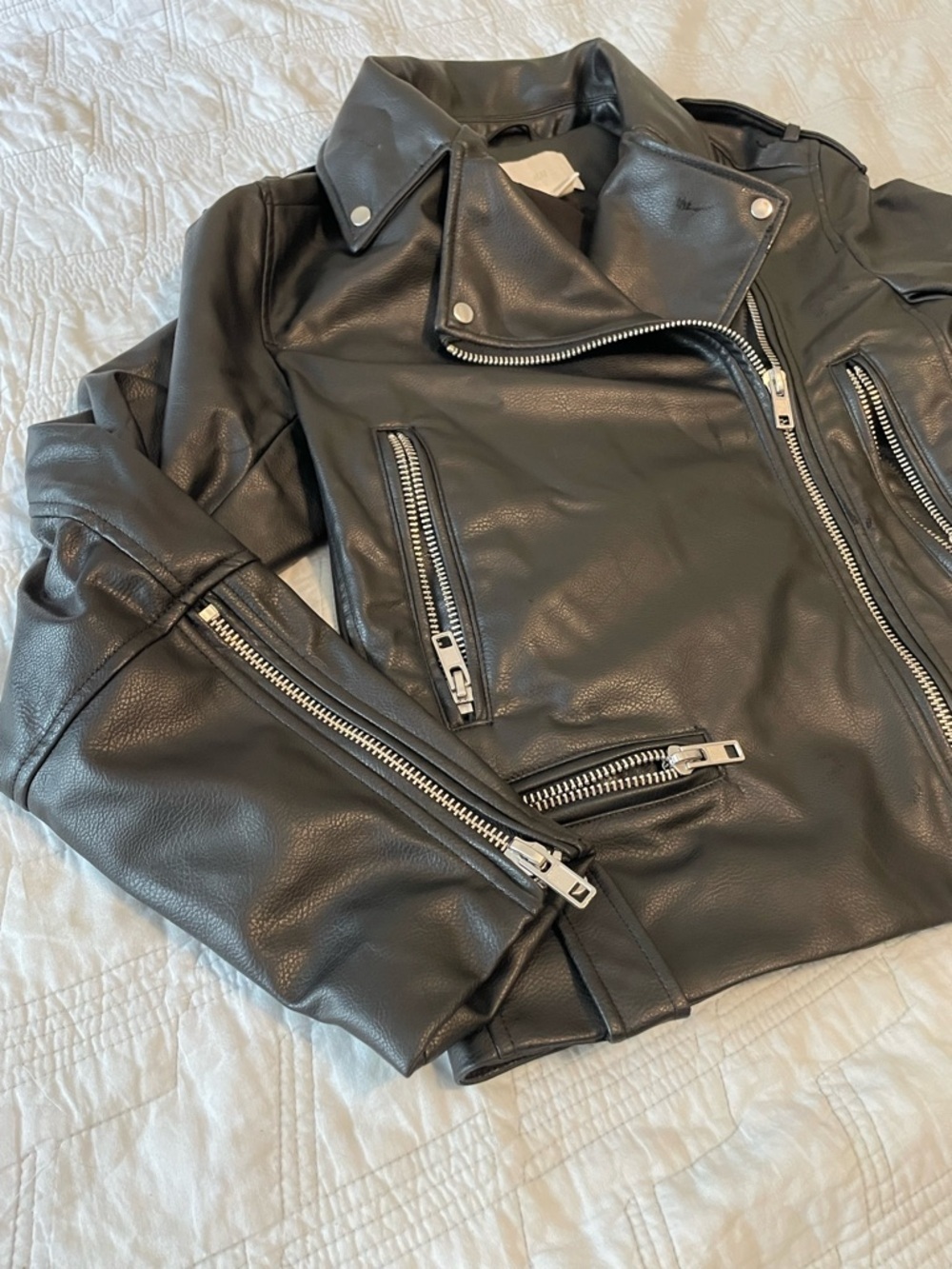 H&M Classic Black Faux Leather Moto Jacket with Silver Hardware